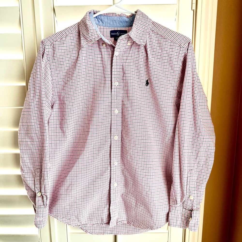 Ralph Lauren Boys L 14-16 Button‎ Down Shirt Red Navy Plaid Long Sleeve Pony